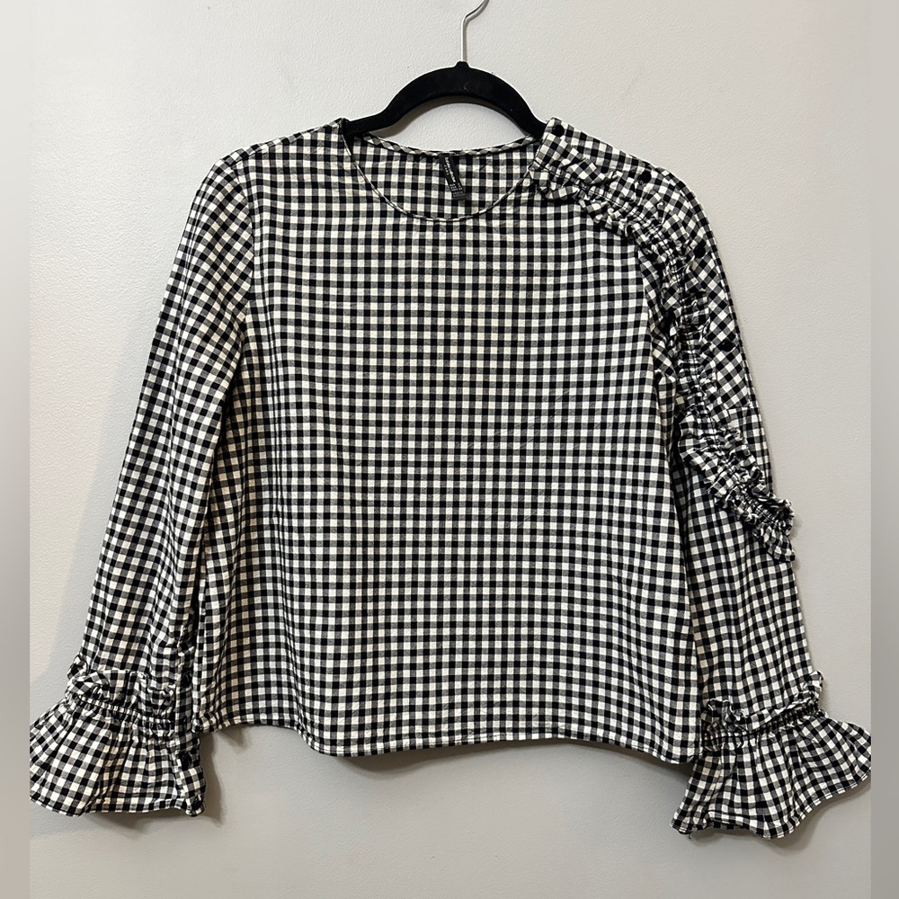 Zara Gingham Check Ruffle Blouse Black White Bell Sleeve Button Detail Size S